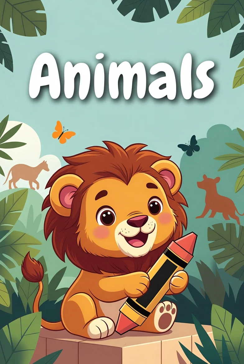Animals coloring pages cover showing a friendly baby lion holding a crayon in a leafy jungle scene with butterflies and animal silhouettes.