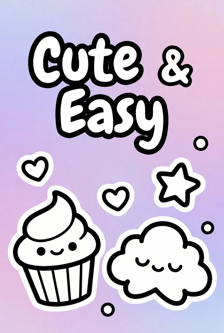 Cute and easy coloring pages cover with simple kawaii cupcake and sleepy cloud doodles on a soft pastel gradient background.