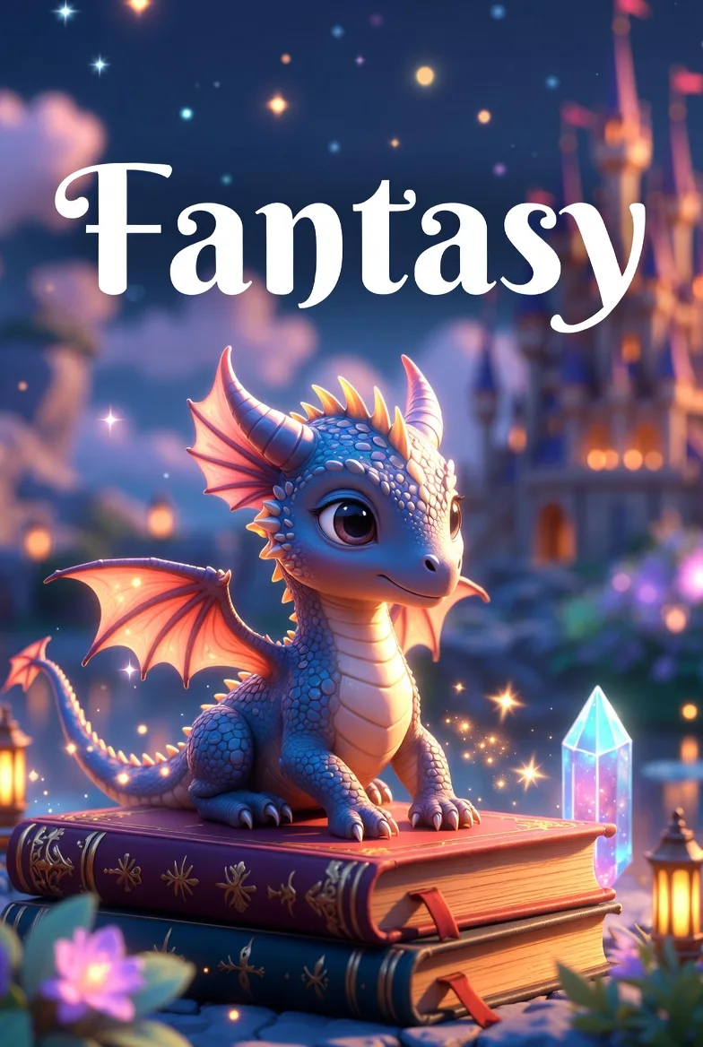 Fantasy coloring pages cover with a baby dragon sitting on stacked magic books, glowing crystals, sparkles, and a castle in the background.