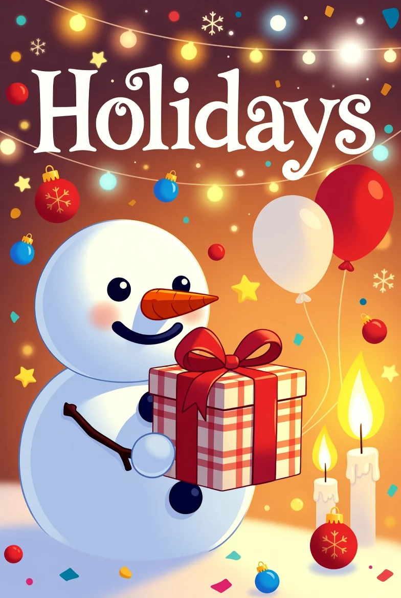Holiday coloring pages cover with a cute snowman holding a wrapped gift, warm lights, ornaments, balloons, and candles.