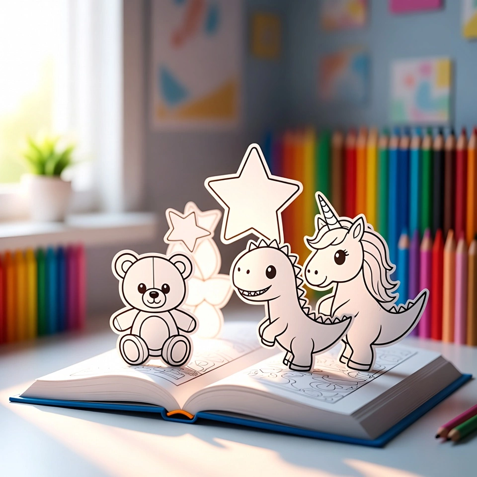 Kids coloring book scene with cute outline characters on an open book, including a unicorn, dinosaur, and teddy bear in a colorful room.